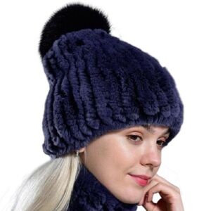 Rabbit Fur Navy Blue Pom-Pom Beanie